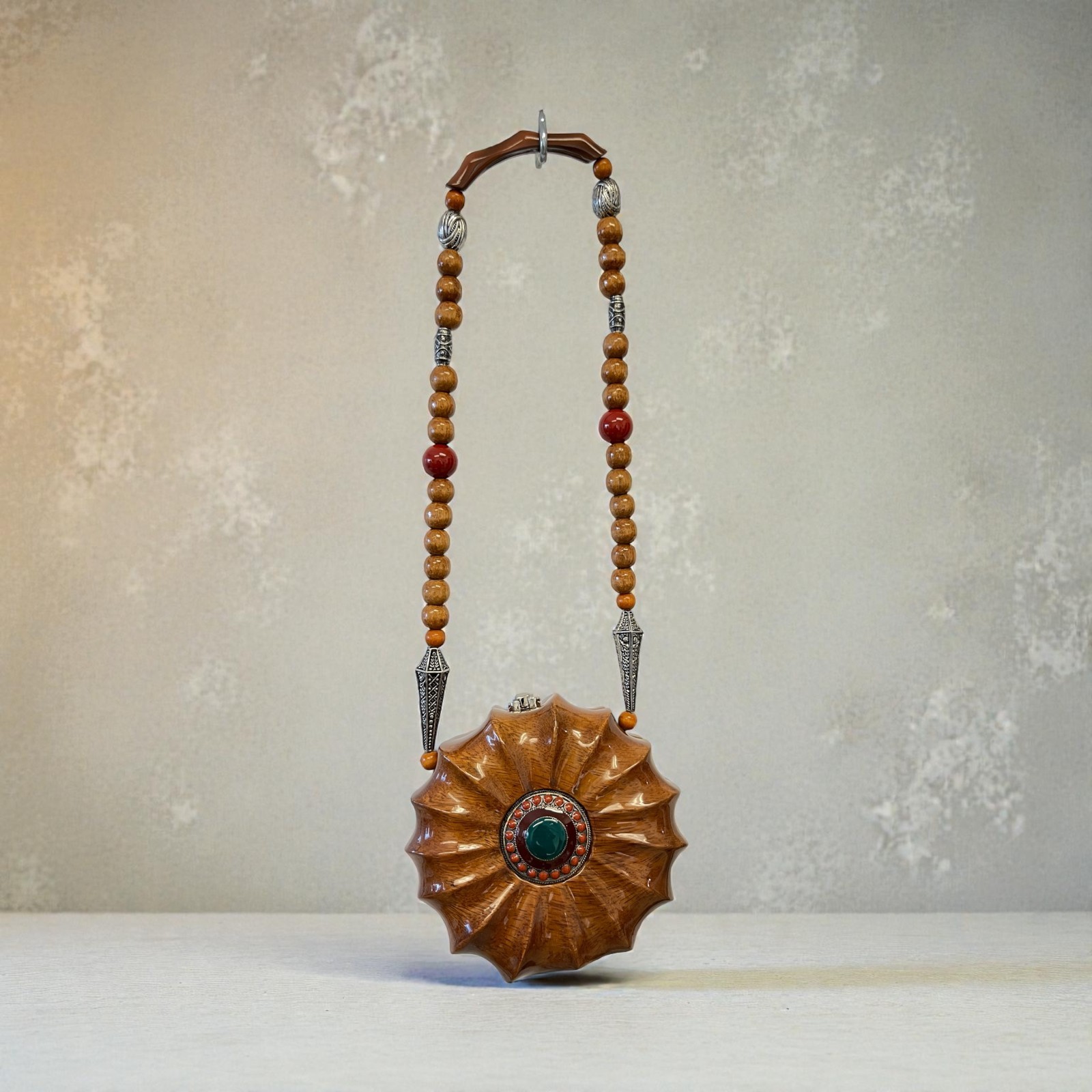 TIMMY WOODS Shoulder Clutch Bag Purse in Brown Beaded Wooden Lacquer NY DS75