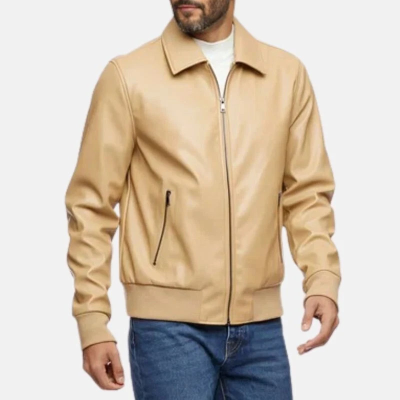 NEW Men’s Beige Bomber Leather Jacket Pure Lambskin Size S M L XL XXL Customize