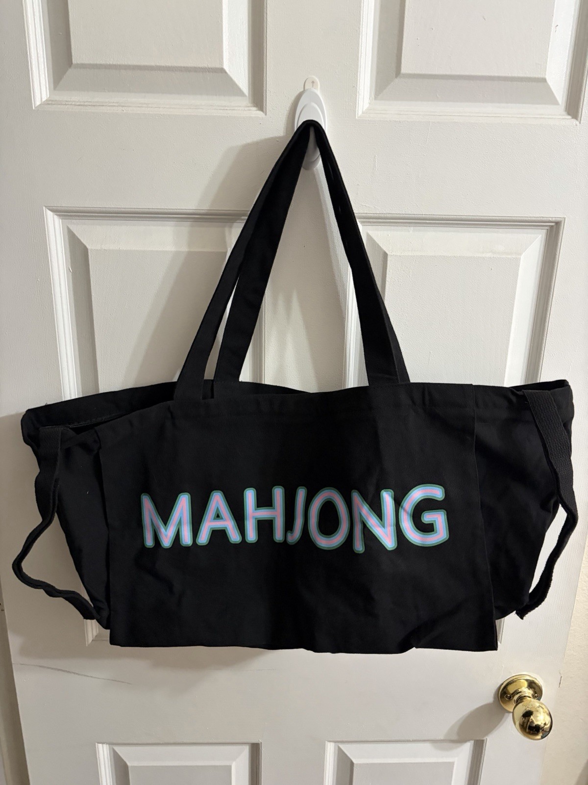 Black MAHJONG Logo zipper top canvas Tote Bag with Double Handles