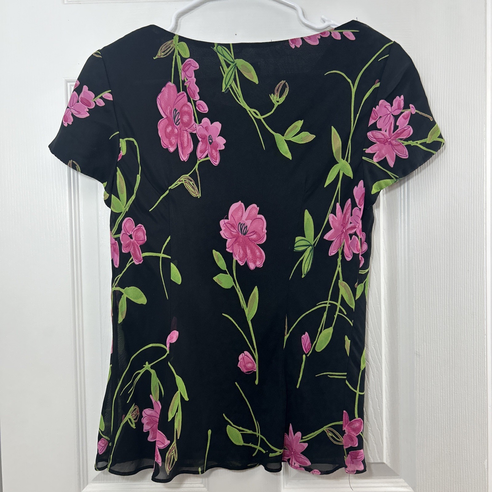 Vintage Talbots Petites 8 Black Red Tulip Floral Cowl Neck Blouse Made in USA