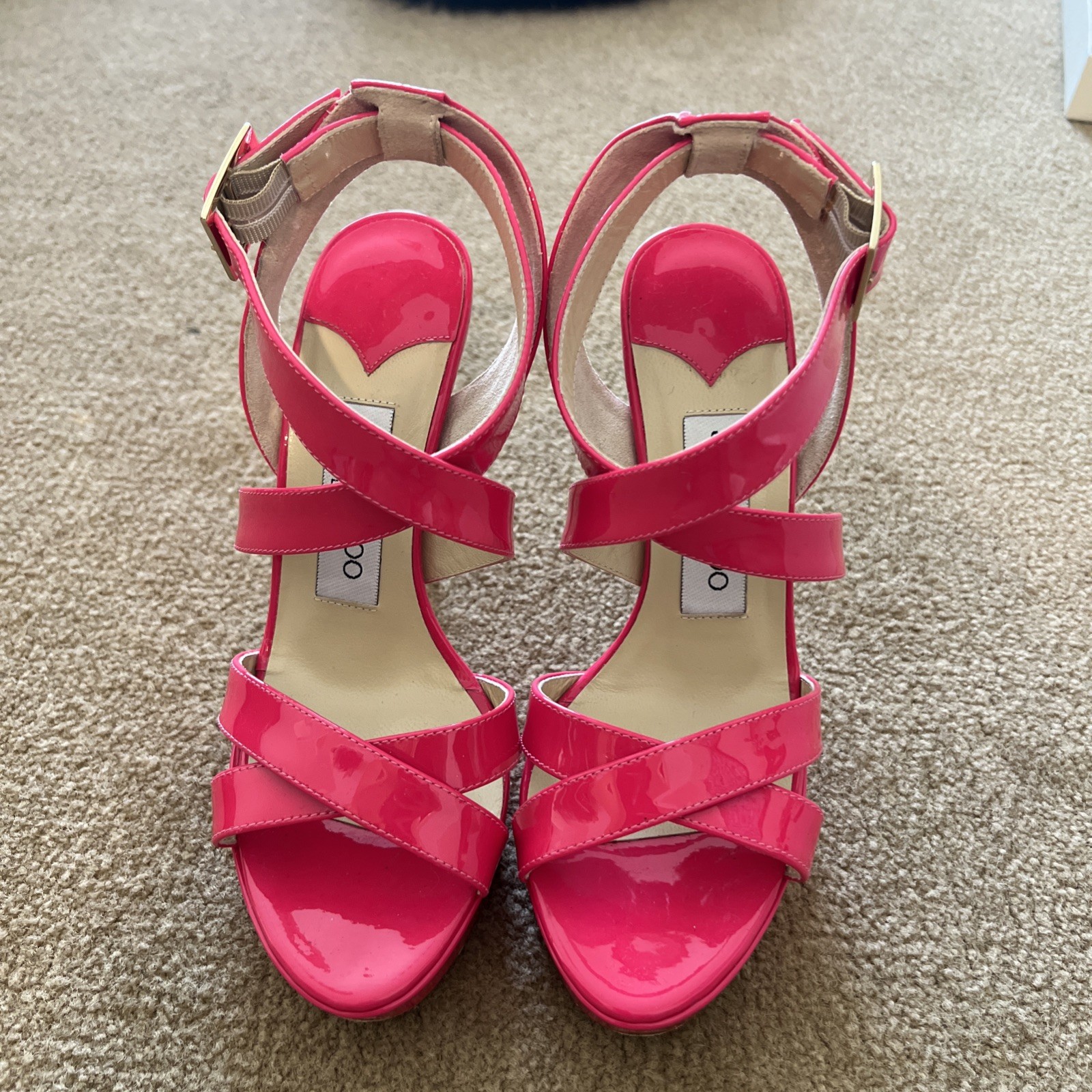 Jimmy Choo fuchsia patent leather sandals size 35 US 5 sexy strappy