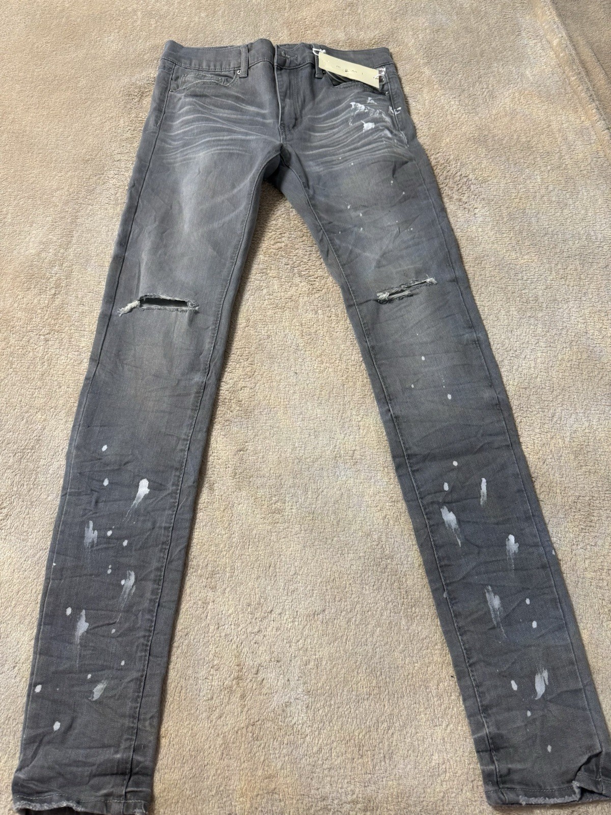 mnml Men’s X504 Stretch Skinny Denim Jeans Grey with White Paint Size 30