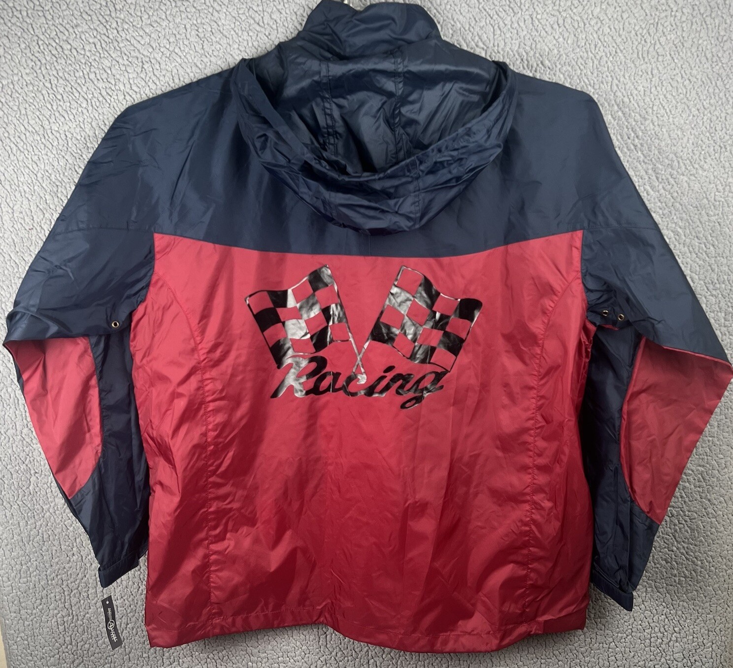Auburn Sportswear Windbreaker Jacket Mens XL Blue Red Racing Checkered Flag Hood
