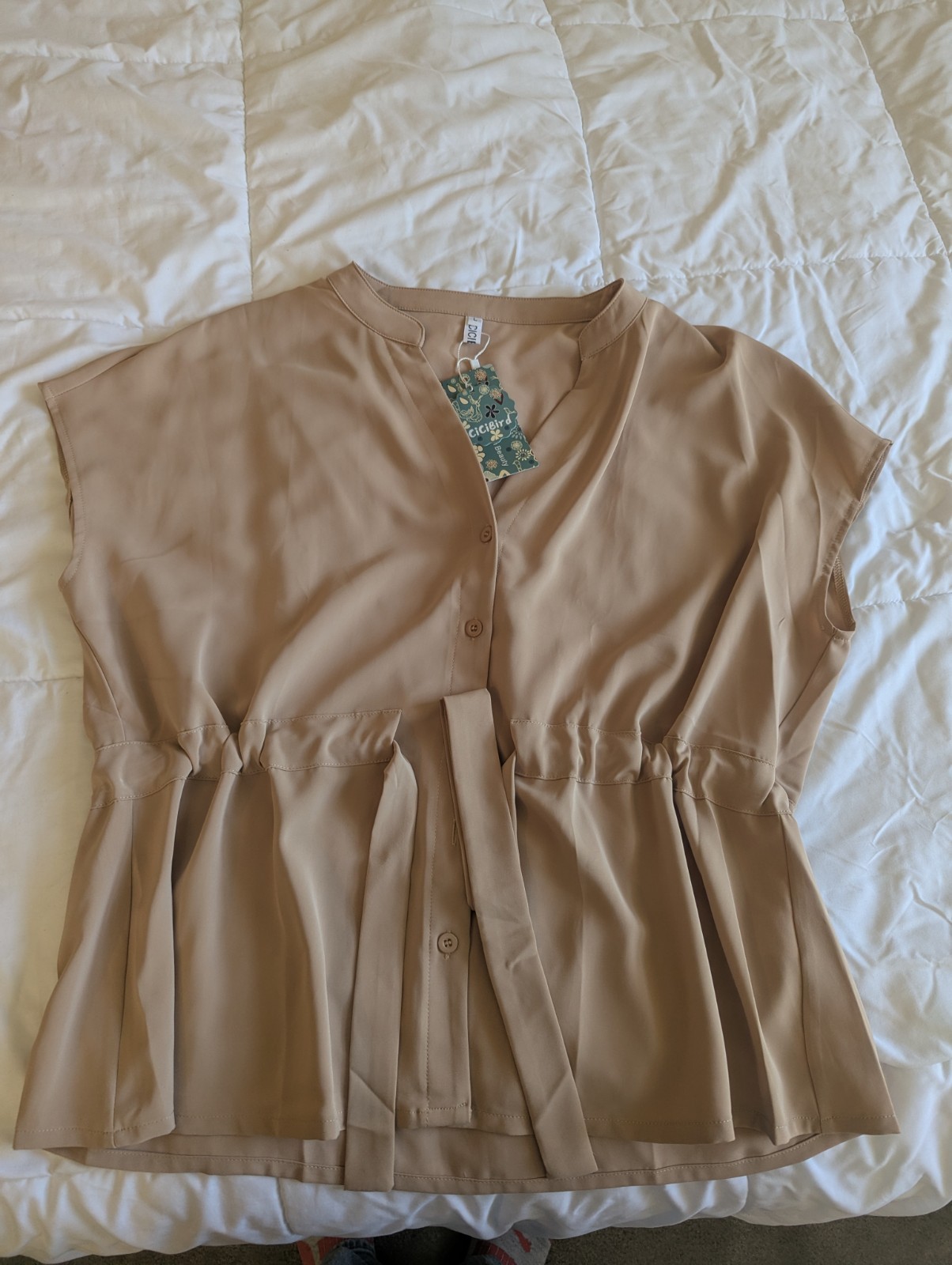 Women’s Taupe Tie-Waist Blouse | Lightweight V-Neck Button Front