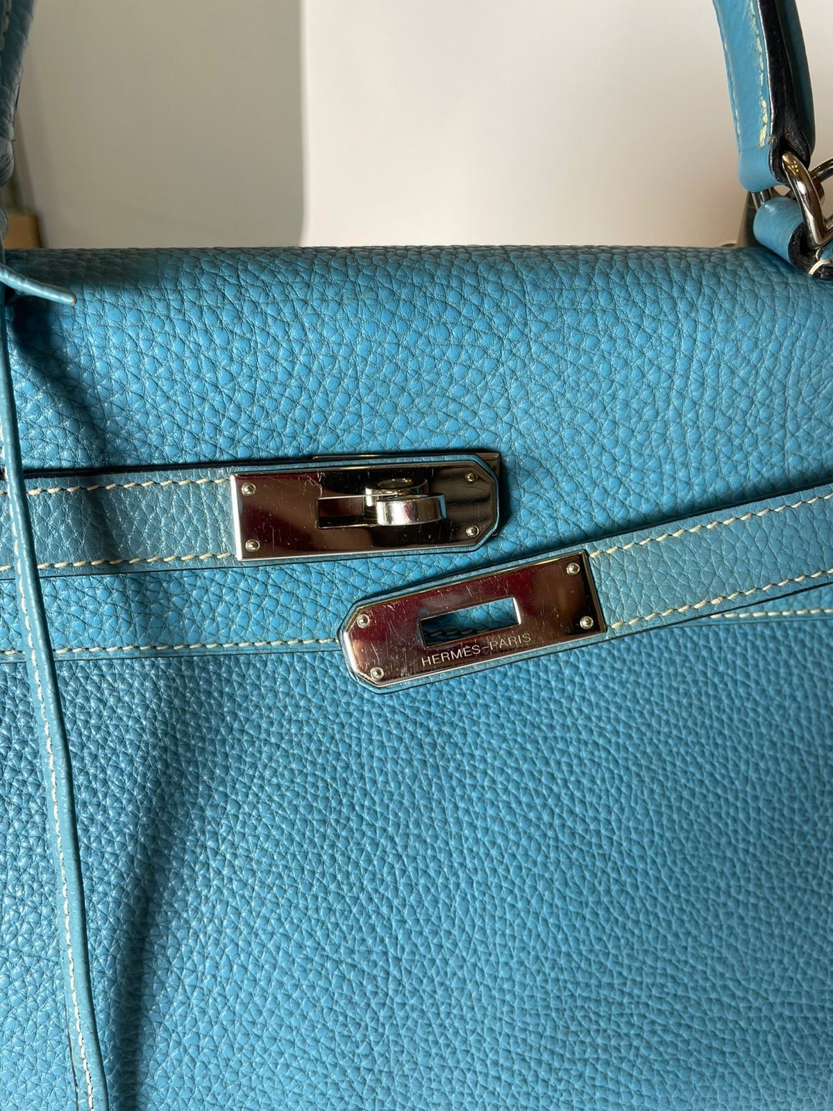 Hermes Kelly 28 Blue Jeans Togo Leather Bag Stamp Square K (2007)