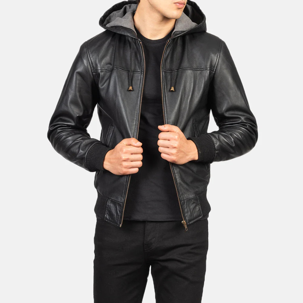 Men Black Leather Hooded Bomber Jacket Genuine Sheep Leather Casual Zip Up Coat