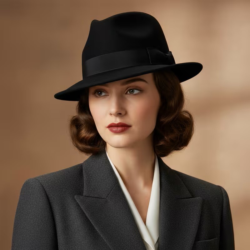 Black Wide Brim Fedora Hat Classic Vintage Gangster Church Dressy Trilby Unisex