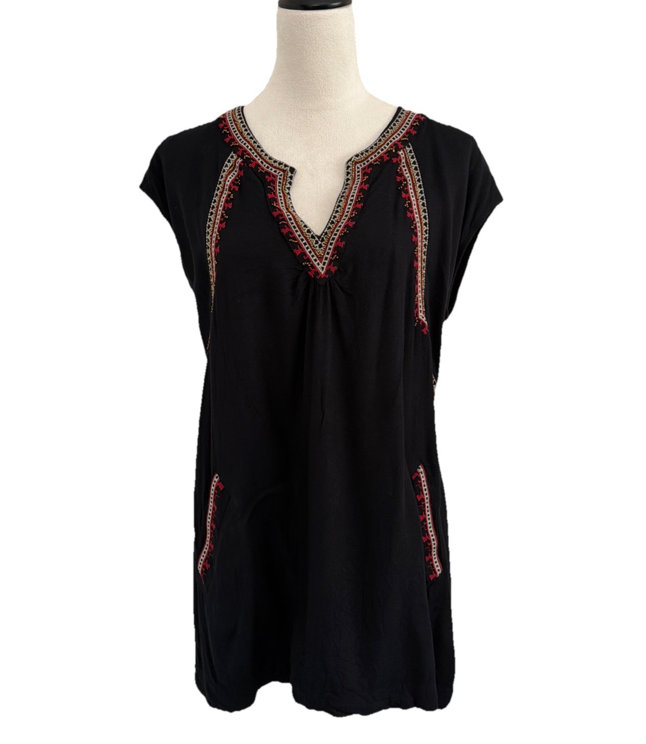 Lucky Brand Tunic Blouse Top Womens Med Black Beaded Embroidered Pockets Boho
