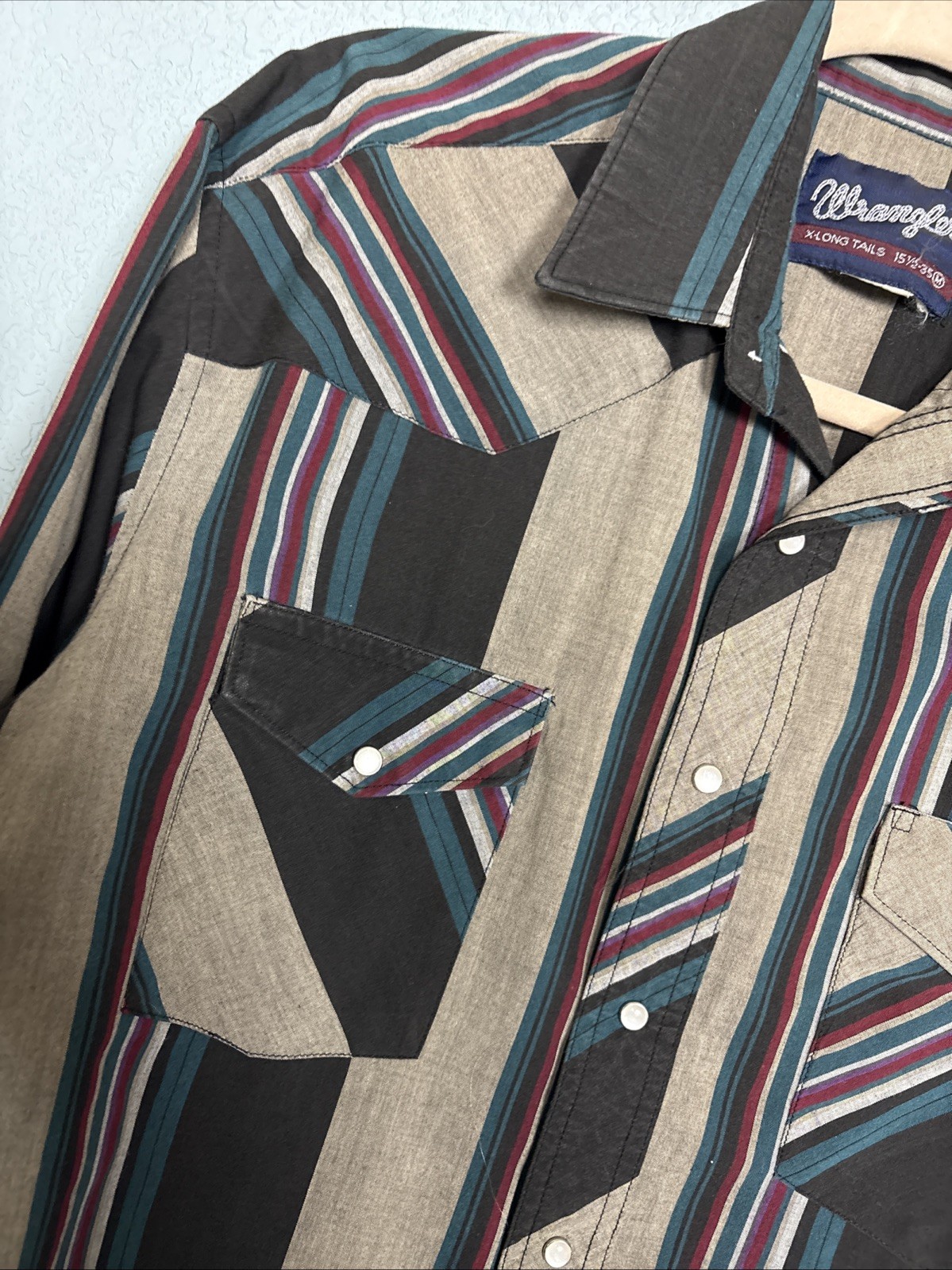 Vintage Wrangler Western Shirt 15 1/2-35 M Striped Pearl Snap X-Long Tails