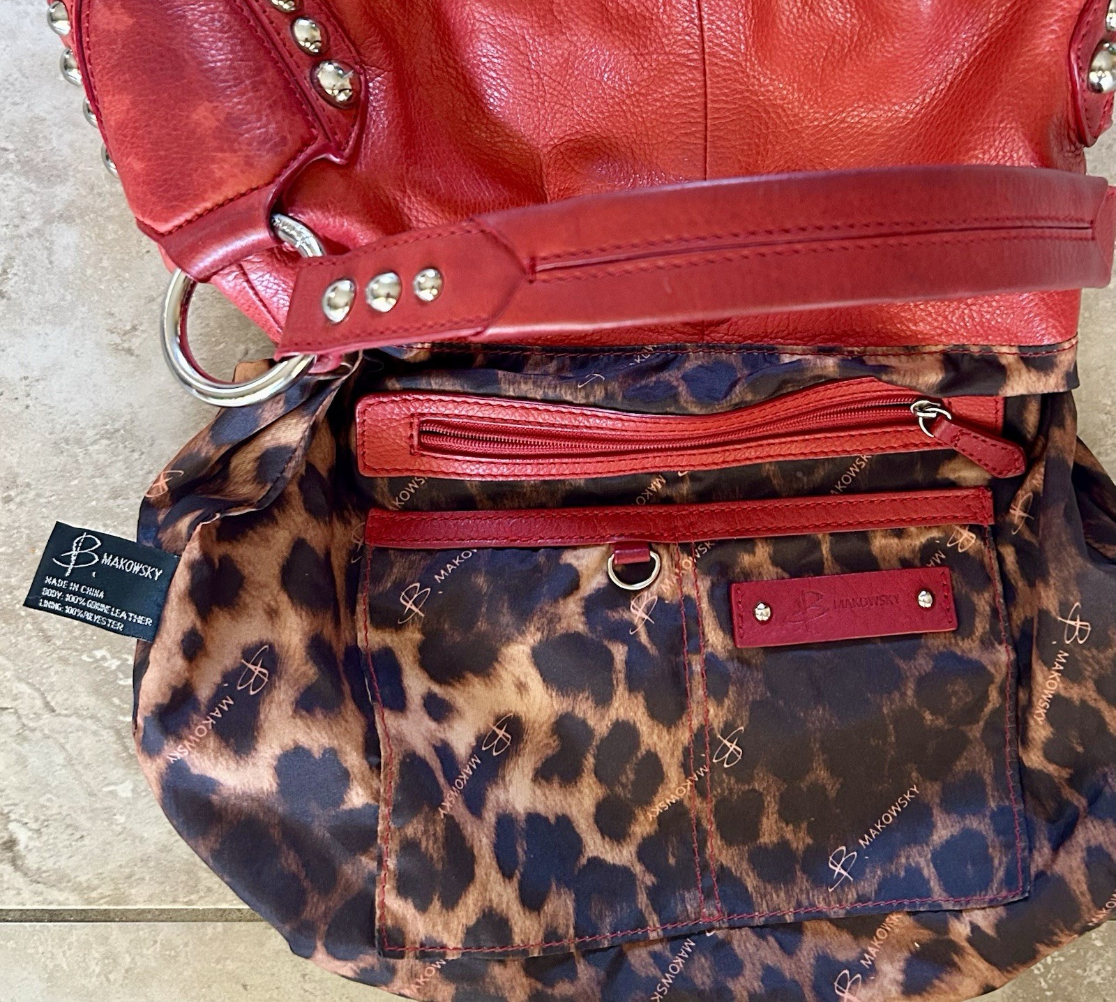 B. Makowsky Red Pebbled Studded Large Hobo Crescent Bag Detachable Strap