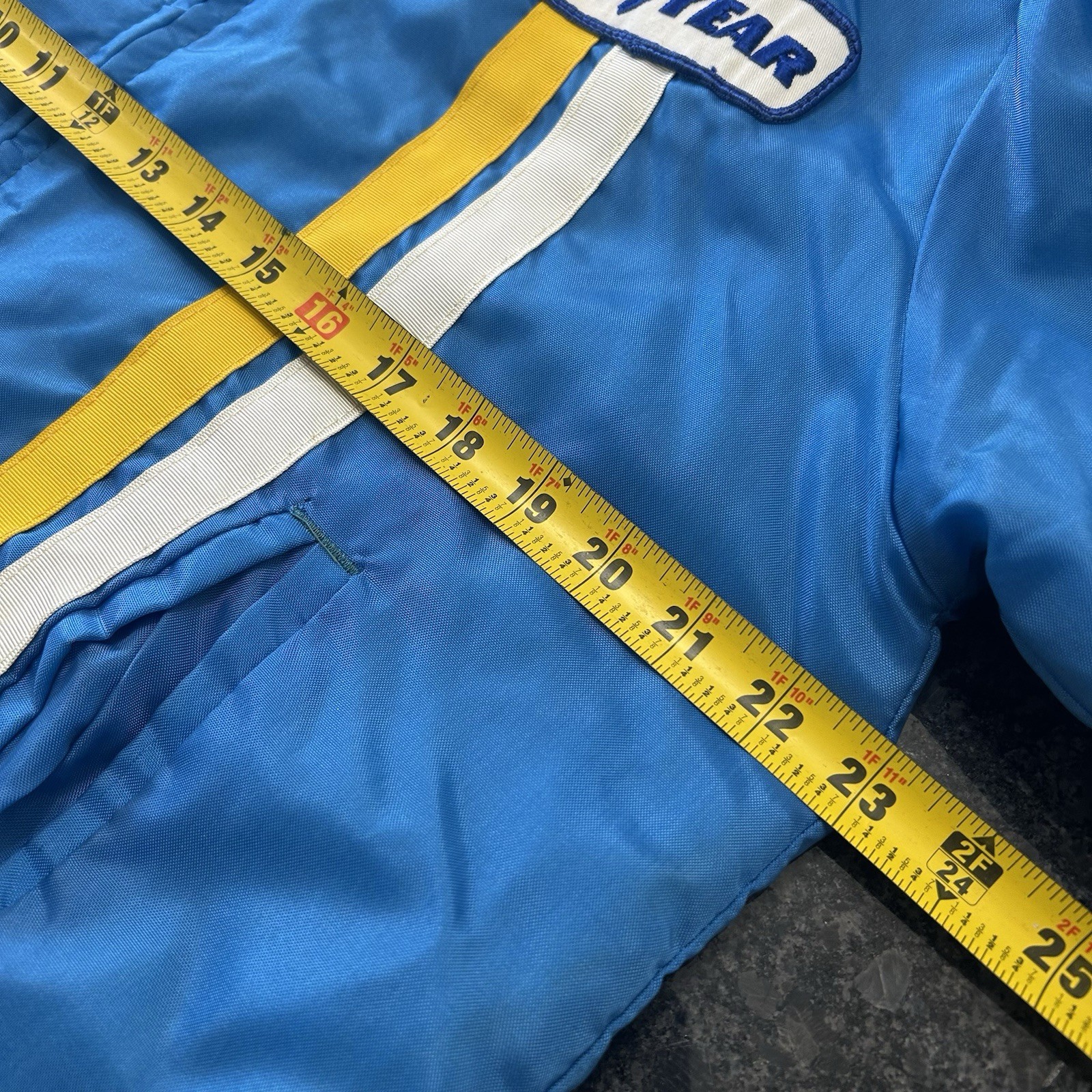 VTG 70s Good Year Tires Racing Jacket Size M USA Made Blue Nylon Quilt Lined