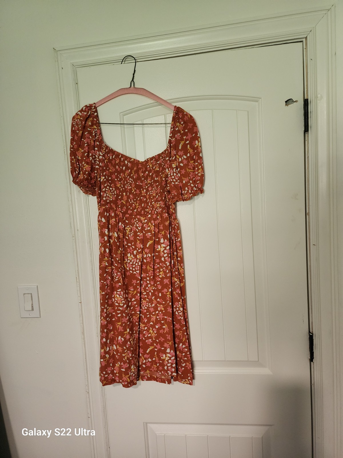 Roxy Floral rust colored summer dress for women casual, elastic bodice