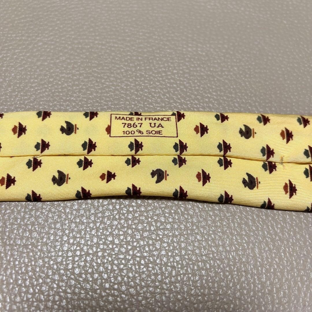 Hermes Mens Silk Tie Yellow H Pattern Stripe Dot Check Woven 3.54in 9cm