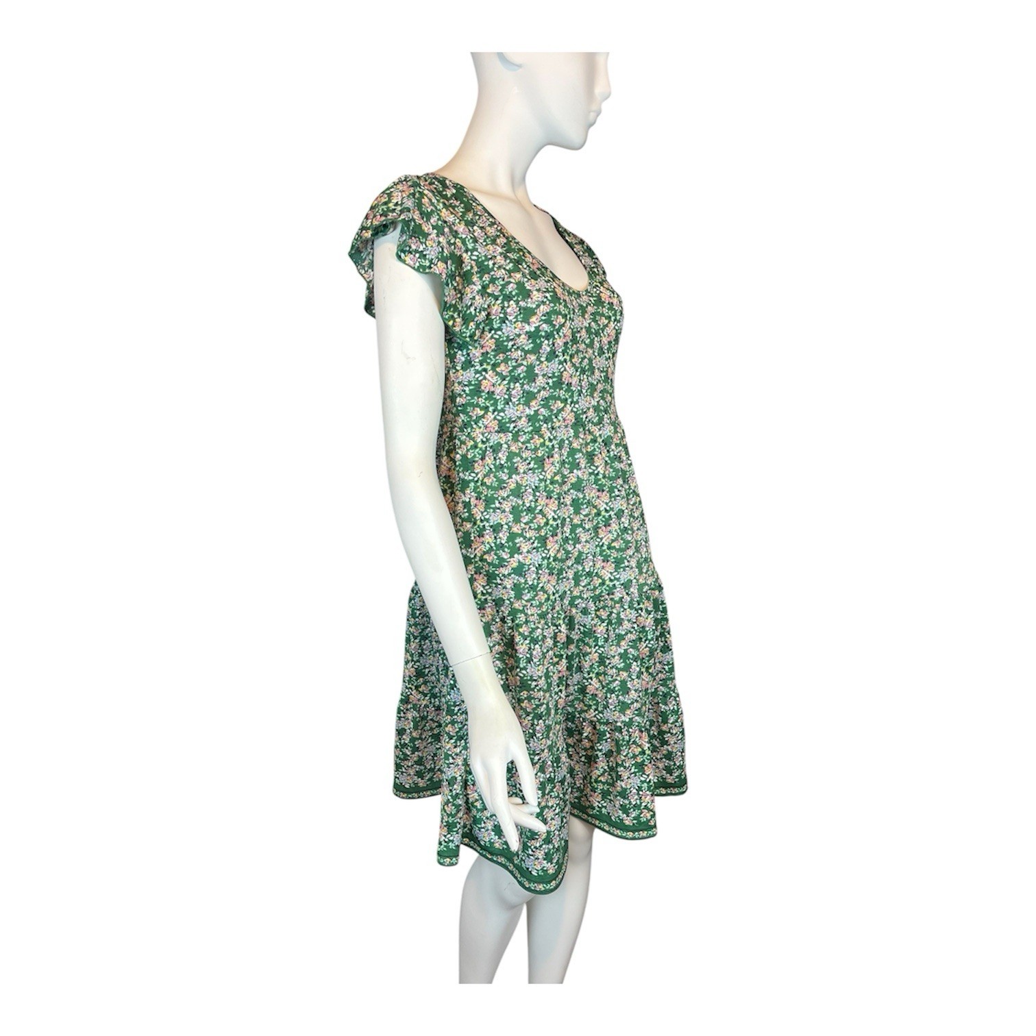 Max Studio Small Floral Green Print Tiered Dress Flutter Sleeves 1902J59 NWT