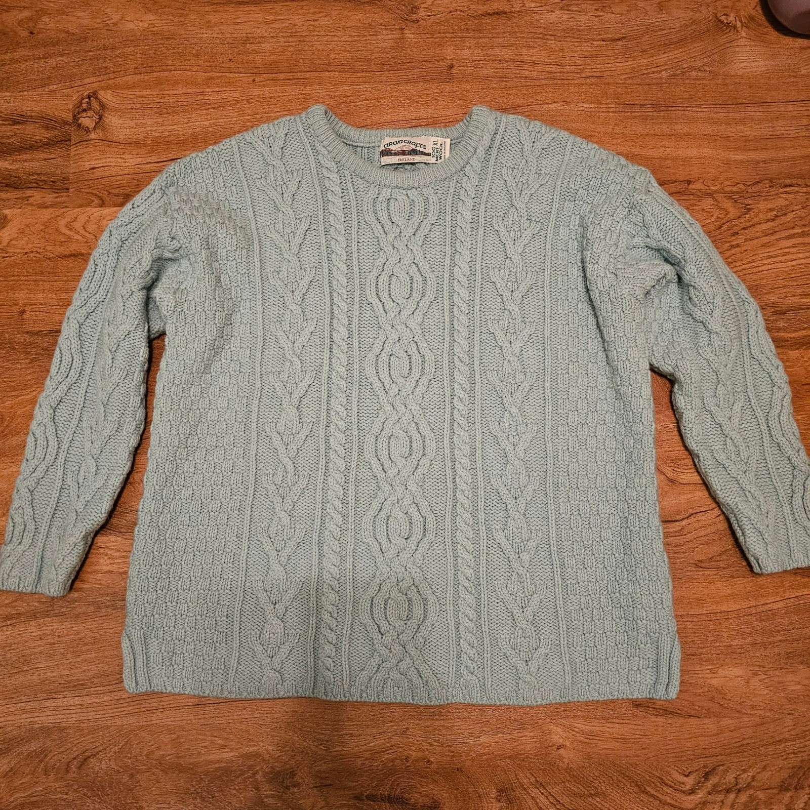 Aran Crafts Ireland 100% Merino Wool Cable Knit Fisherman Sweater Blue XL