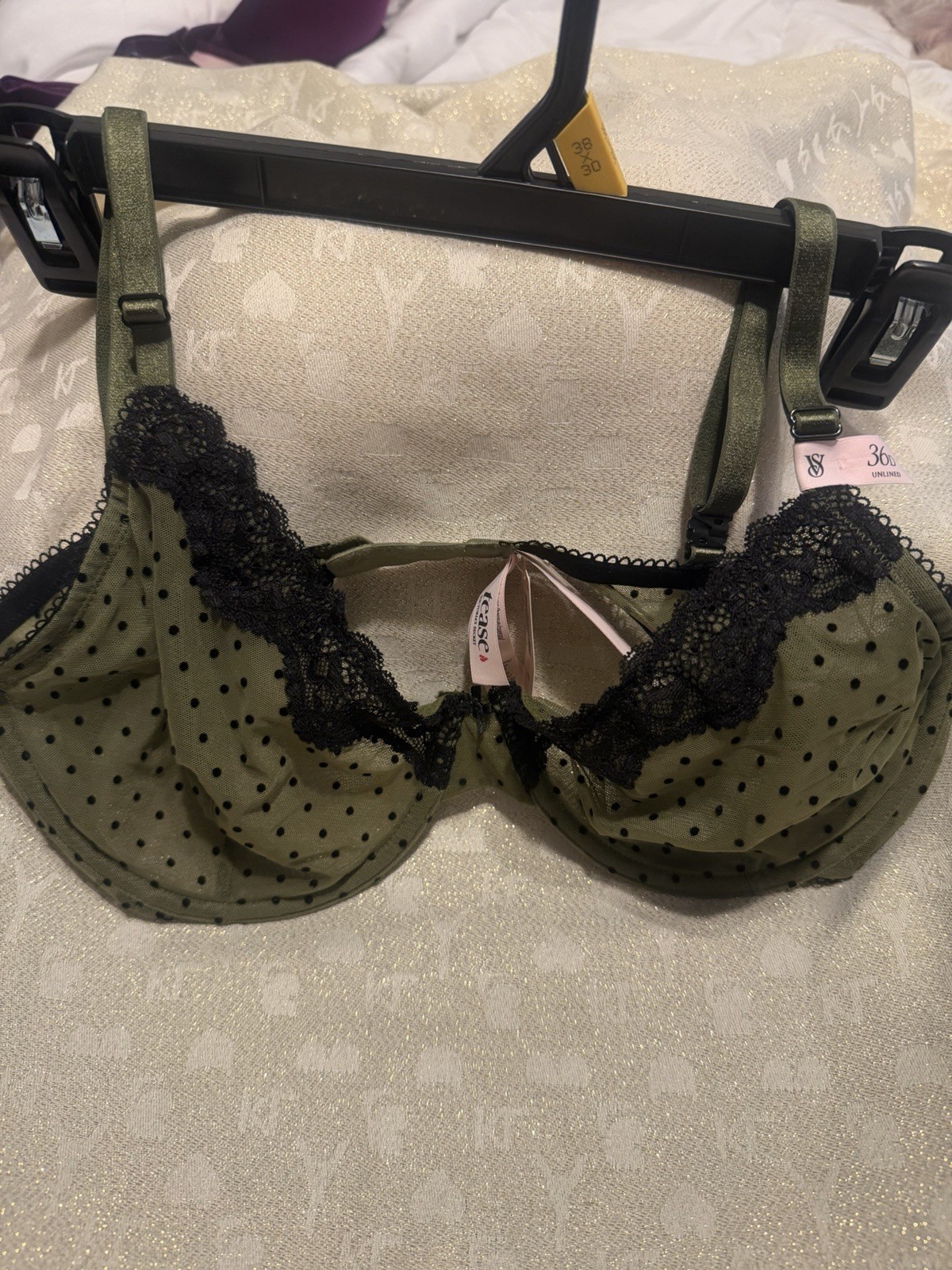 Victoria’s Secret Unlined Demi Underwire Mesh Lace Polka Dot Bra Green/Black 36D