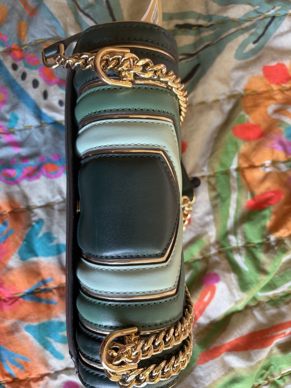 Michael Kors Small Green Striped Quilted Push Lock Shoulder Bag Gold Chain