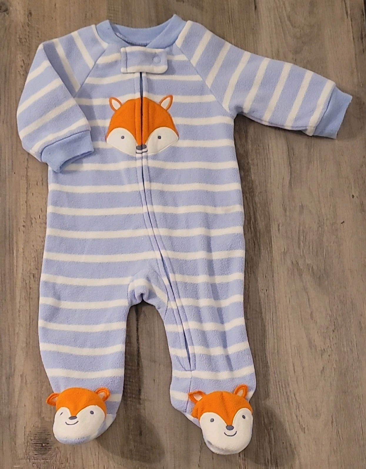 Carter’s NB Footed Fleece Zipper Sleeper Blue/White Stripe Fox – Gender Neutral
