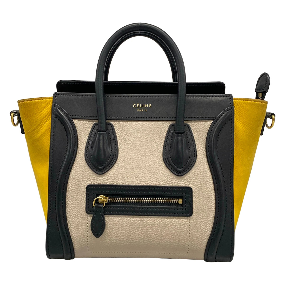 CELINE Luggage Nano Shopper Beige Black Yellow Leather Nubuck Handbag
