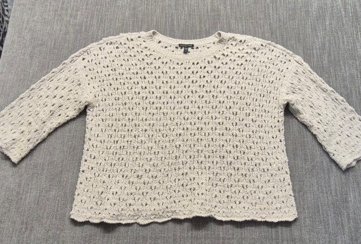 Eileen Fisher open stitch organic cotton blend sweater white LG bracelet sleeves