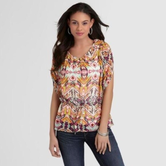 Sofia by Sofia Vergara Blouse Womens Colorful Slit Sleeve Sheer Drawstring