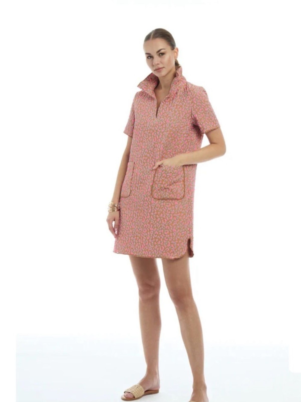 PATTY KIM Leopard Tiffany Pink Textured Collared Midi Dress