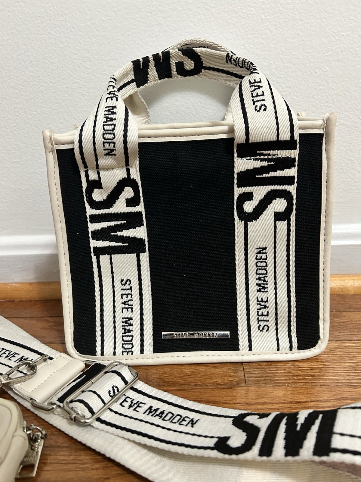 Steve Madden Black/Tan Logo Crossbody Top Handle Bag – Detachable Strap + Pouch