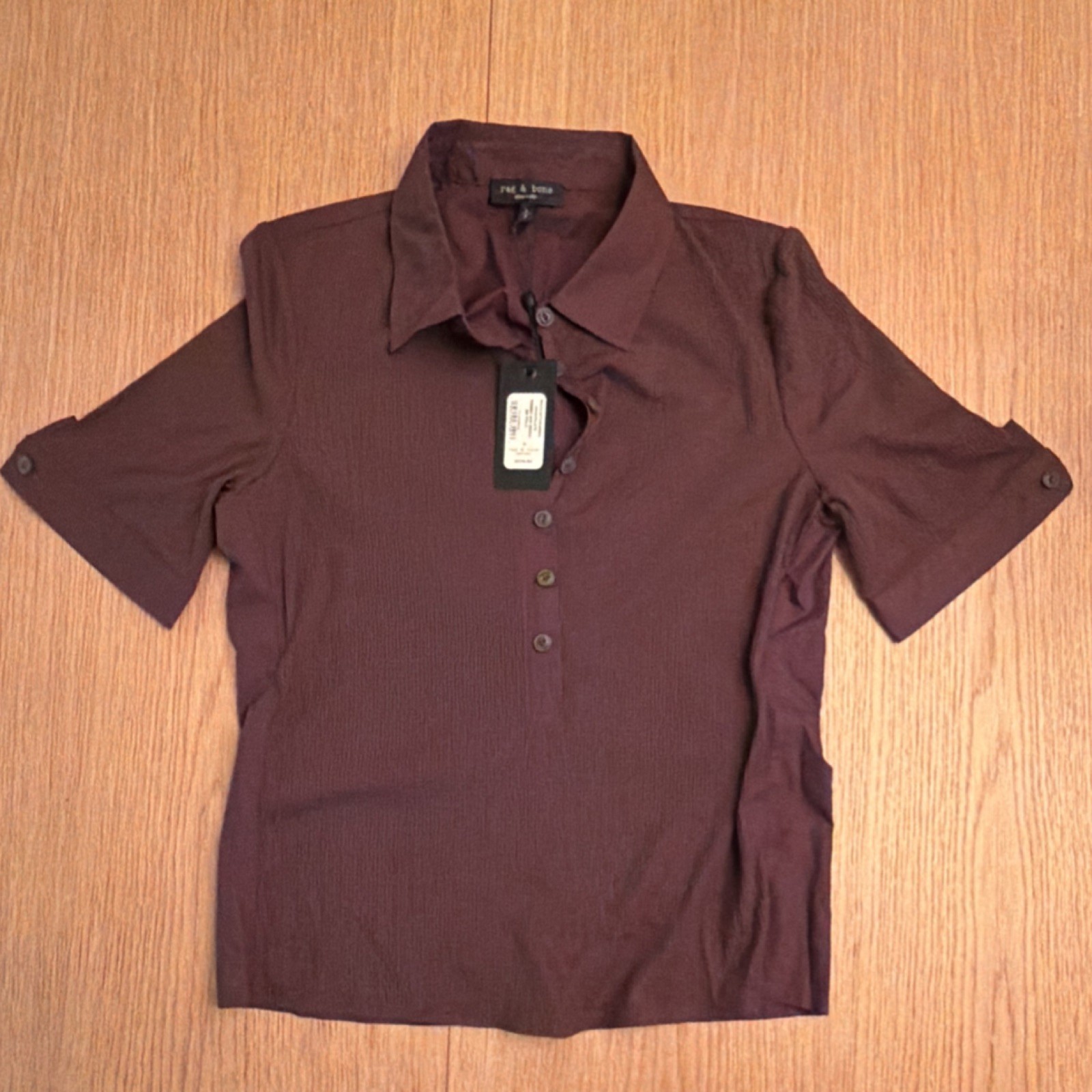 rag & bone women’s brown Ribbed Short Sleeve Spread Collar Polo Shirt Size S