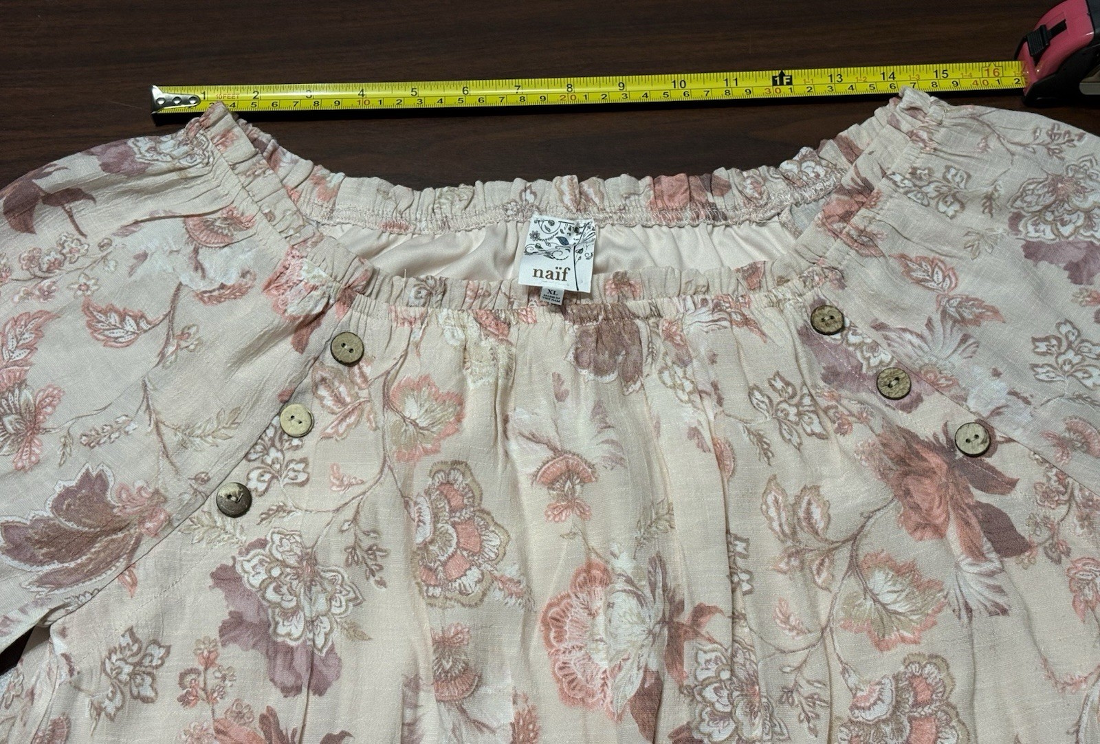 Naif Beige Pink Floral Off-Shoulder 3/4 Bell Sleeve Ruffle Blouse Womens XL