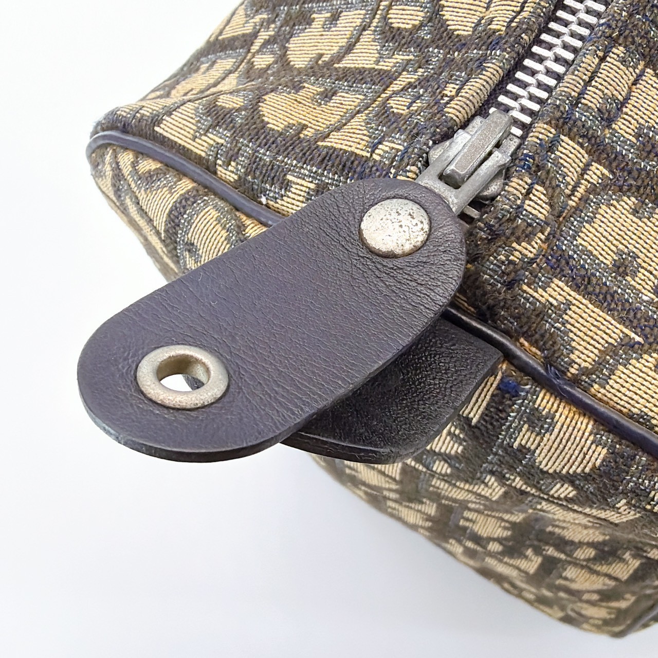 Auth Christian Dior Trotter Pattern Canvas Beige Navy Boston Bag 303Q1