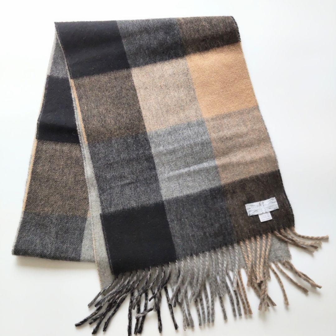 Joshua Ellis Cashmere Scarf Block Check Gray Beige Reversible Fringe Men Women