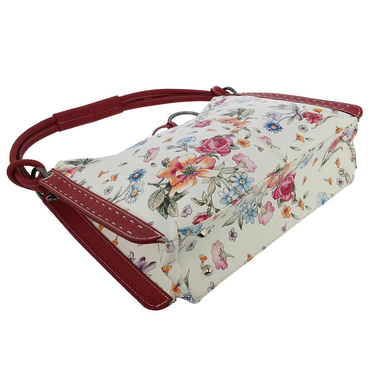 Fioretta Italian Genuine Leather Flower Pattern Zippered Top Tote Shoulder Bag H