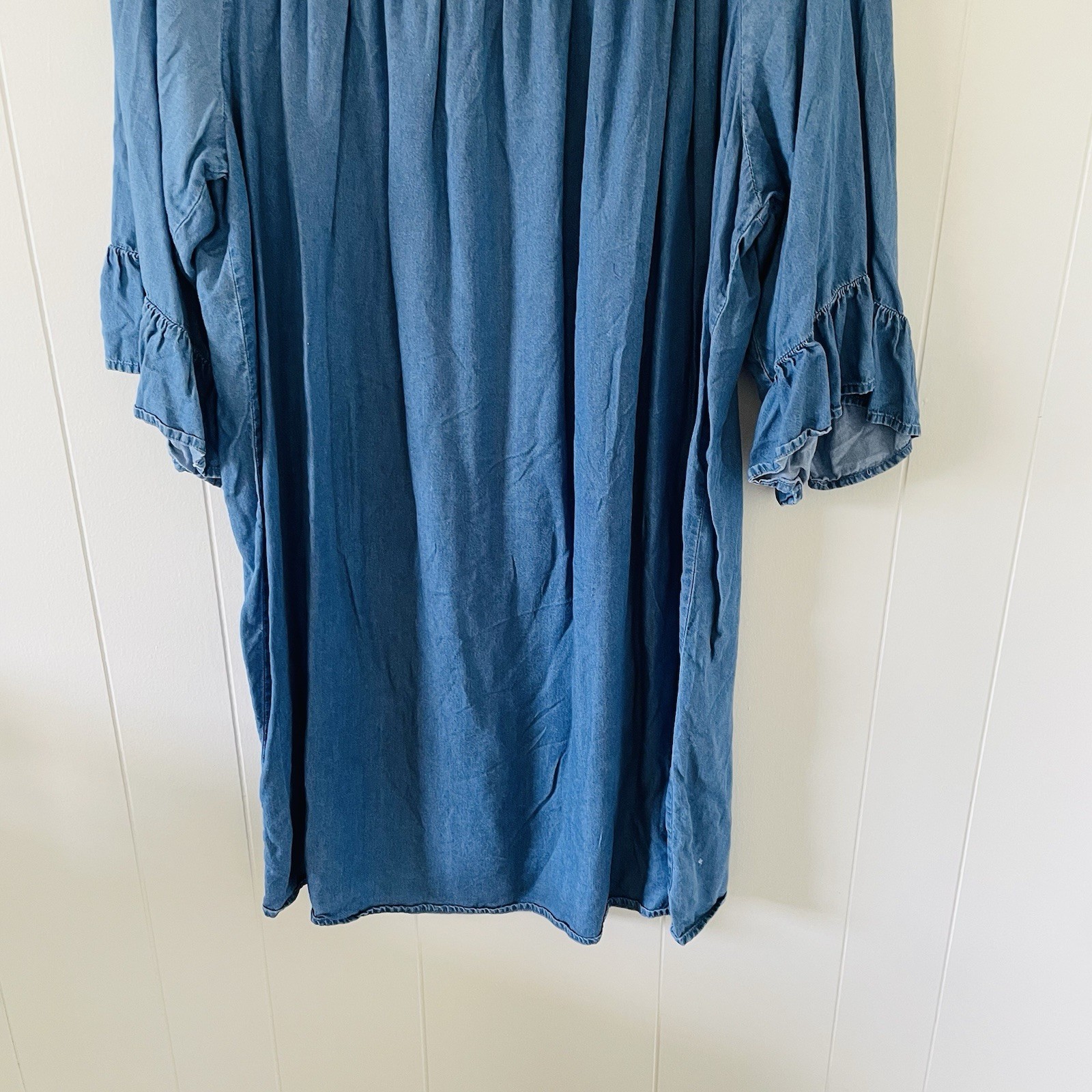 New Directions Blue Chambray Smocked Scoop Neck Shift Dress 3/4 Sleeve 3X