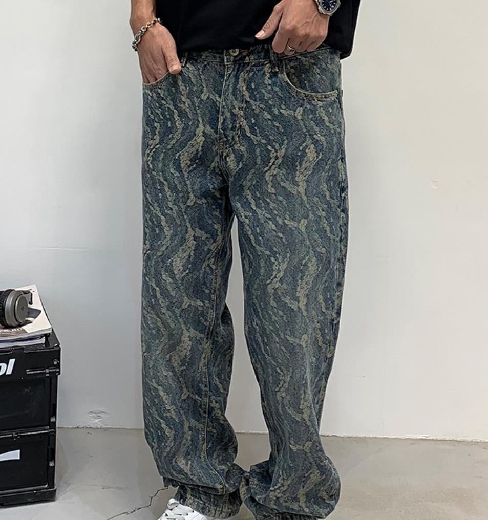 Men’s Blue Denim Jeans Straight Leg Casual Punk Hip Hop Pants Pockets Trousers