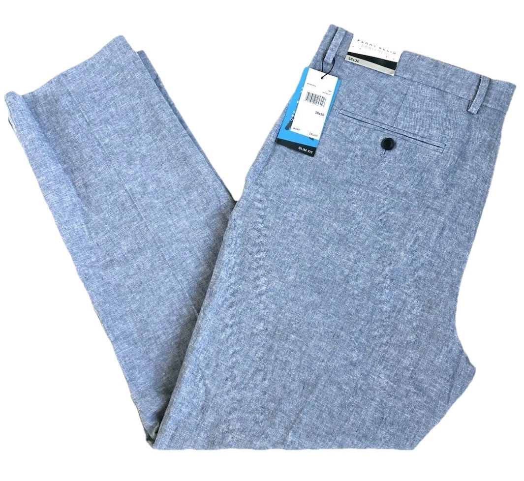 Perry Ellis Portfolio Linen Pants Slim Fit Bay Blue Size 38 x 30 Retail $95