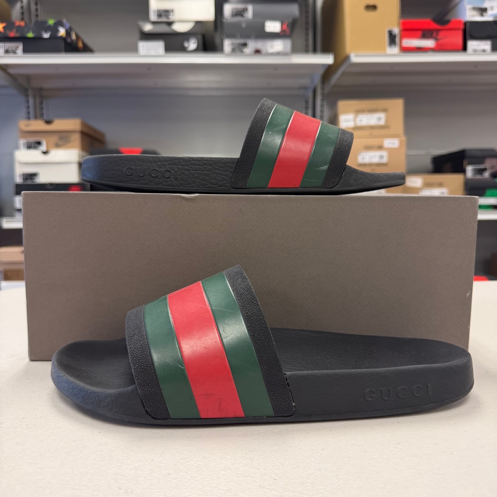 Gucci Men’s Web Slide Sandals Black ‘Red Green’ Mens Size 10