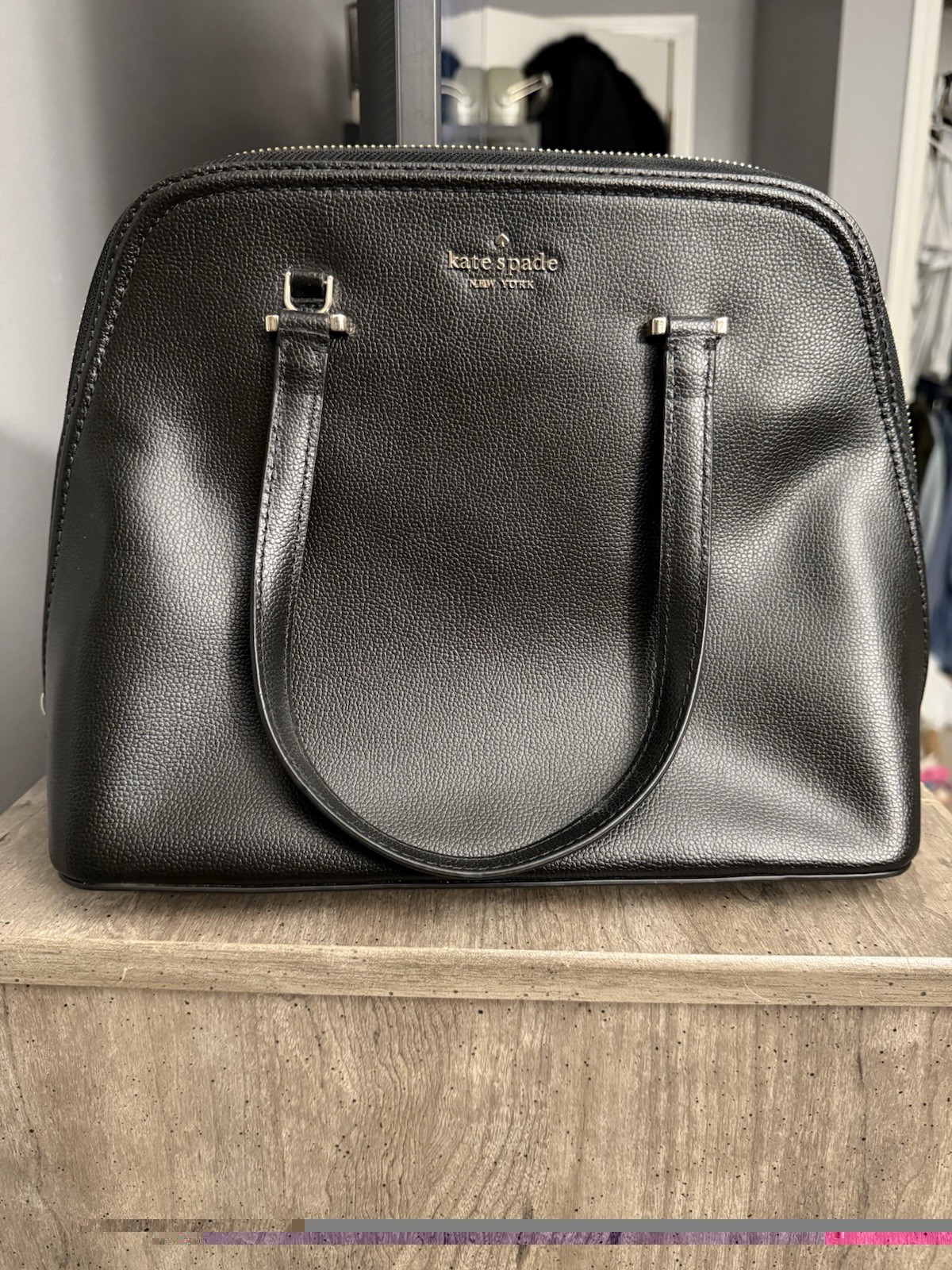 Kate Spade New York Black Pebbled Satchel Zip Top, Detachable Strap, Gold