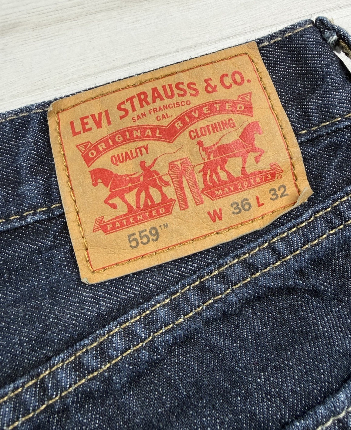 Levis 559 Jeans Relaxed Straight Blue Denim Stretch Dark Wash Wide Leg Men 36×32