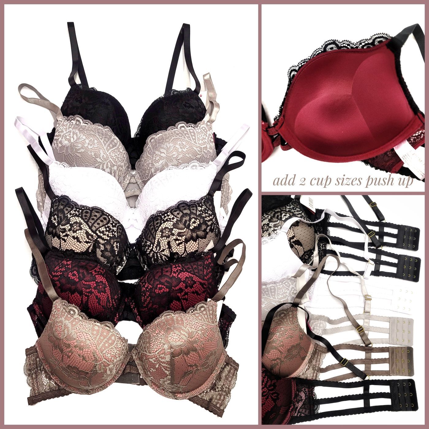 Maximum Cleavage Add 2 Cup Sizes Ultimate Padded Support 3Hooks Lace Push Up Bra