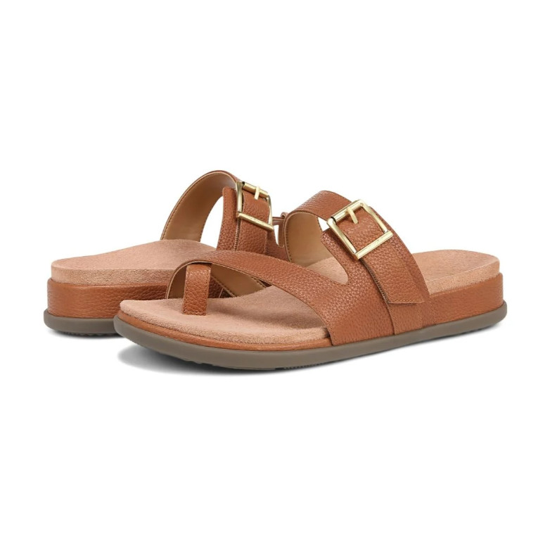 Hot Deal Vionic Carmela Strappy Slide Sandal, Tan Leather