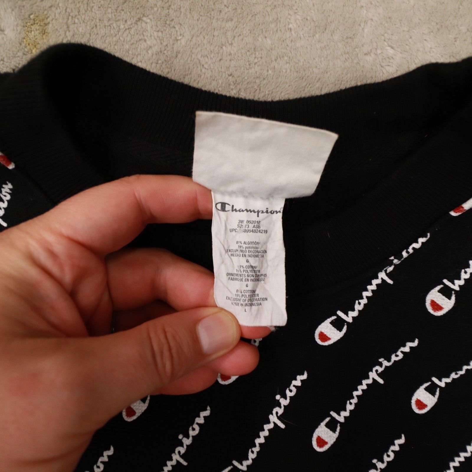 Champion Reverse Weave Y2K Black Diagonal Print Crew Neck Sweatshirt size Large