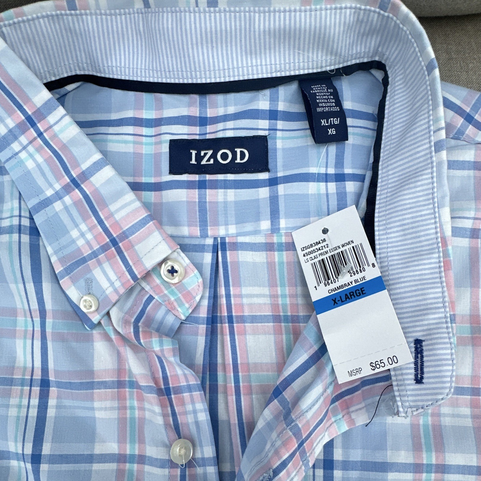 IZOD Men’s XL Blue Pink White Plaid Cotton Woven Long Sleeve Button-Down Shirt