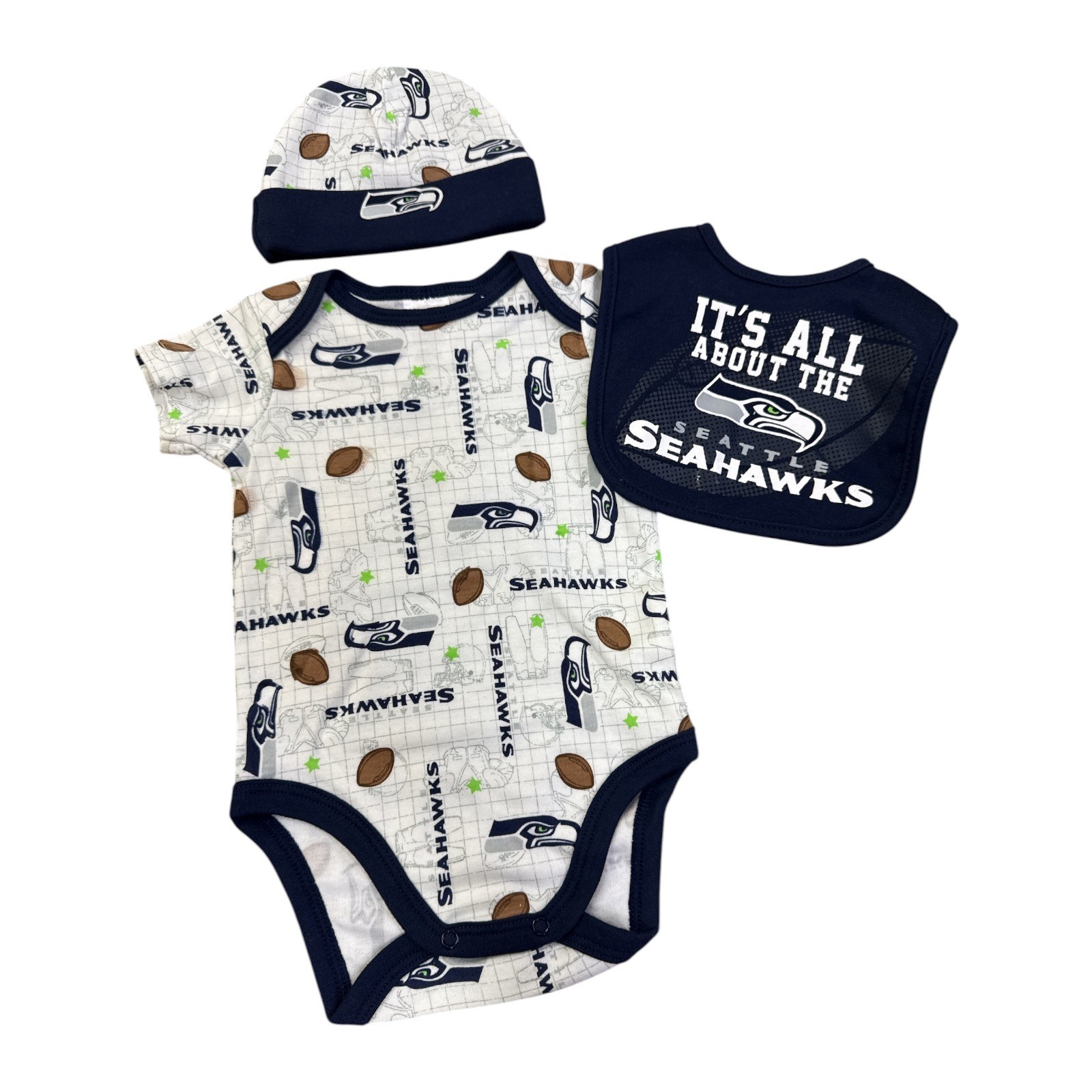 Seattle Seahawks Baby Bib Beanie Bodysuit Set (0-3 Months)