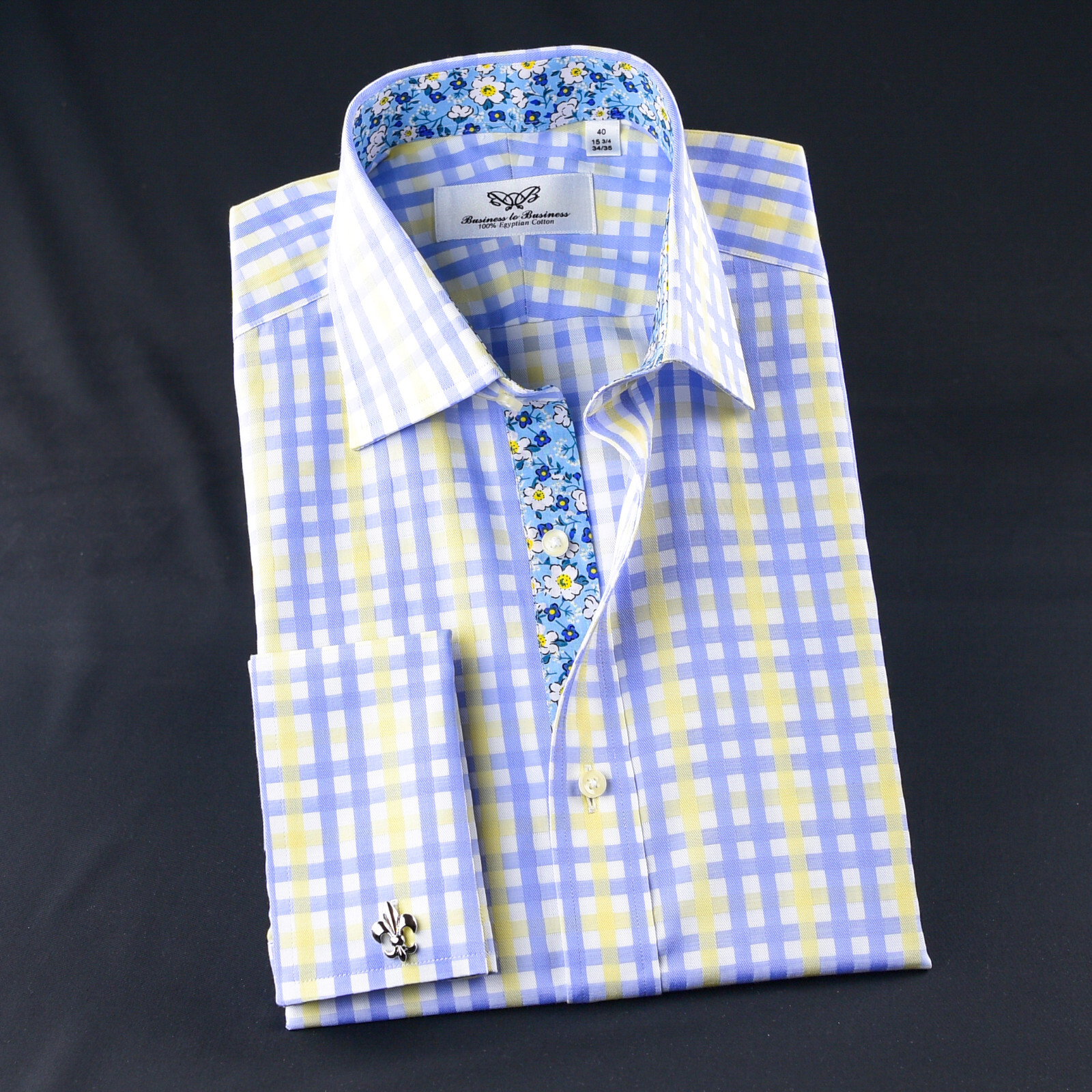 Mens Blue & Yellow Check Formal Business Dress Shirt Italian Floral Daisy Inner