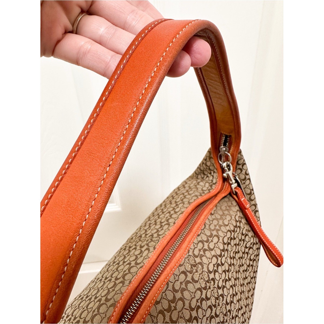 Coach Ergo Large Crescent Hobo Bag Brown Monogram Canvas Orange Leather