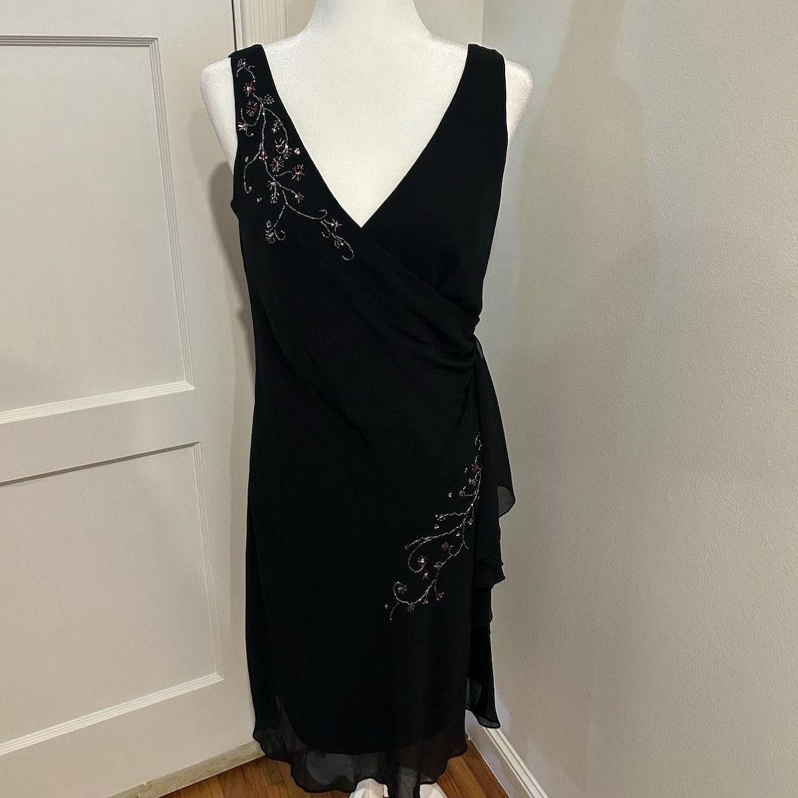 Alex Evenings Vintage Beaded Ruffle Black Maxi Dress Gown Size 10