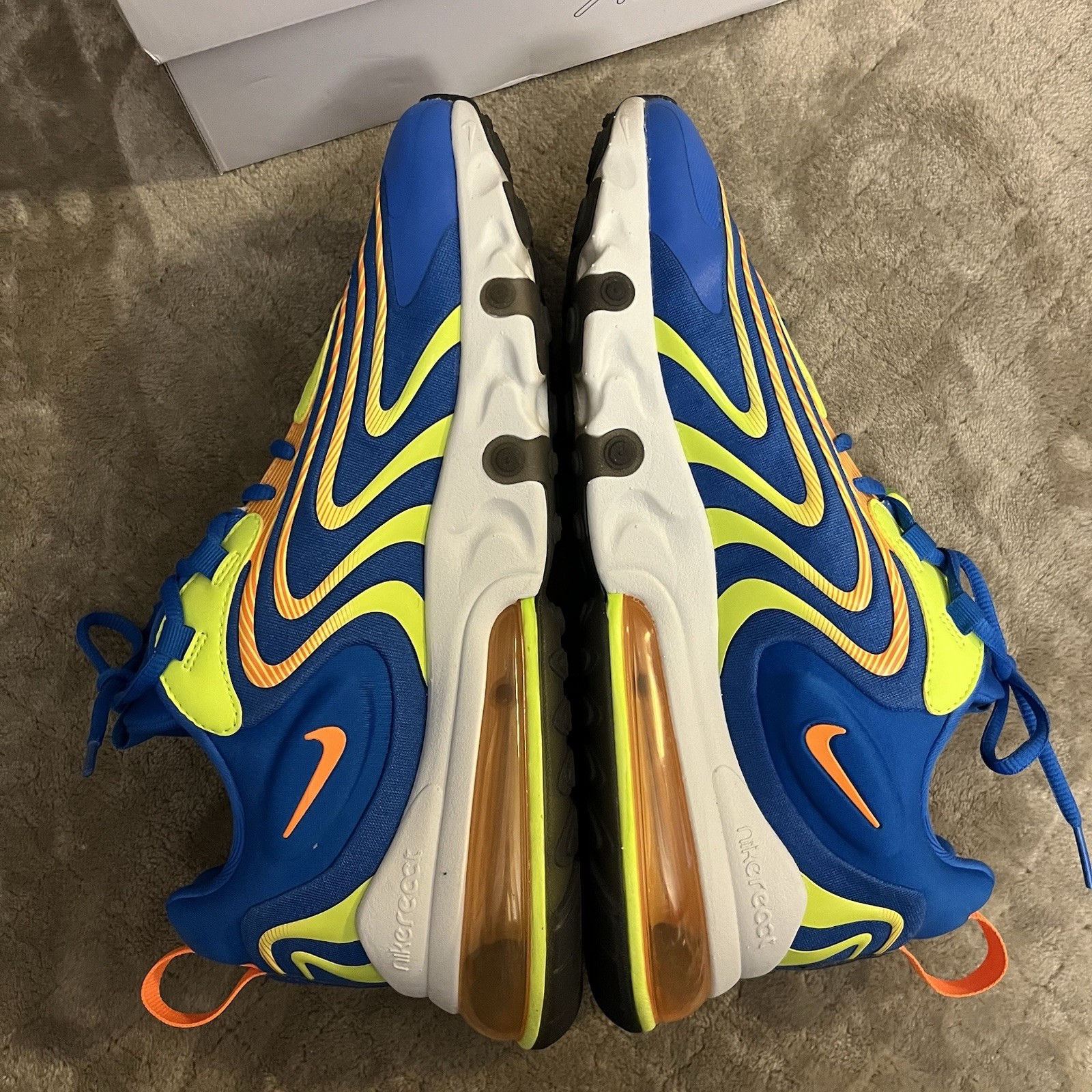 Size 11 – Nike Air Max 270 React ENG Blue w electric yellow & orange