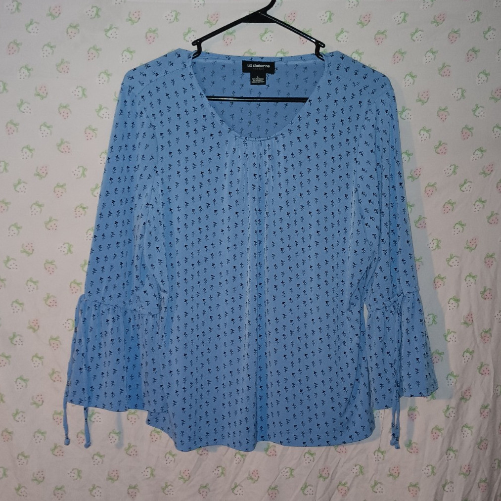 Liz Claiborne Career Blue Floral Chiffon Tie Bell Sleeve Scoop Neck Blouse L
