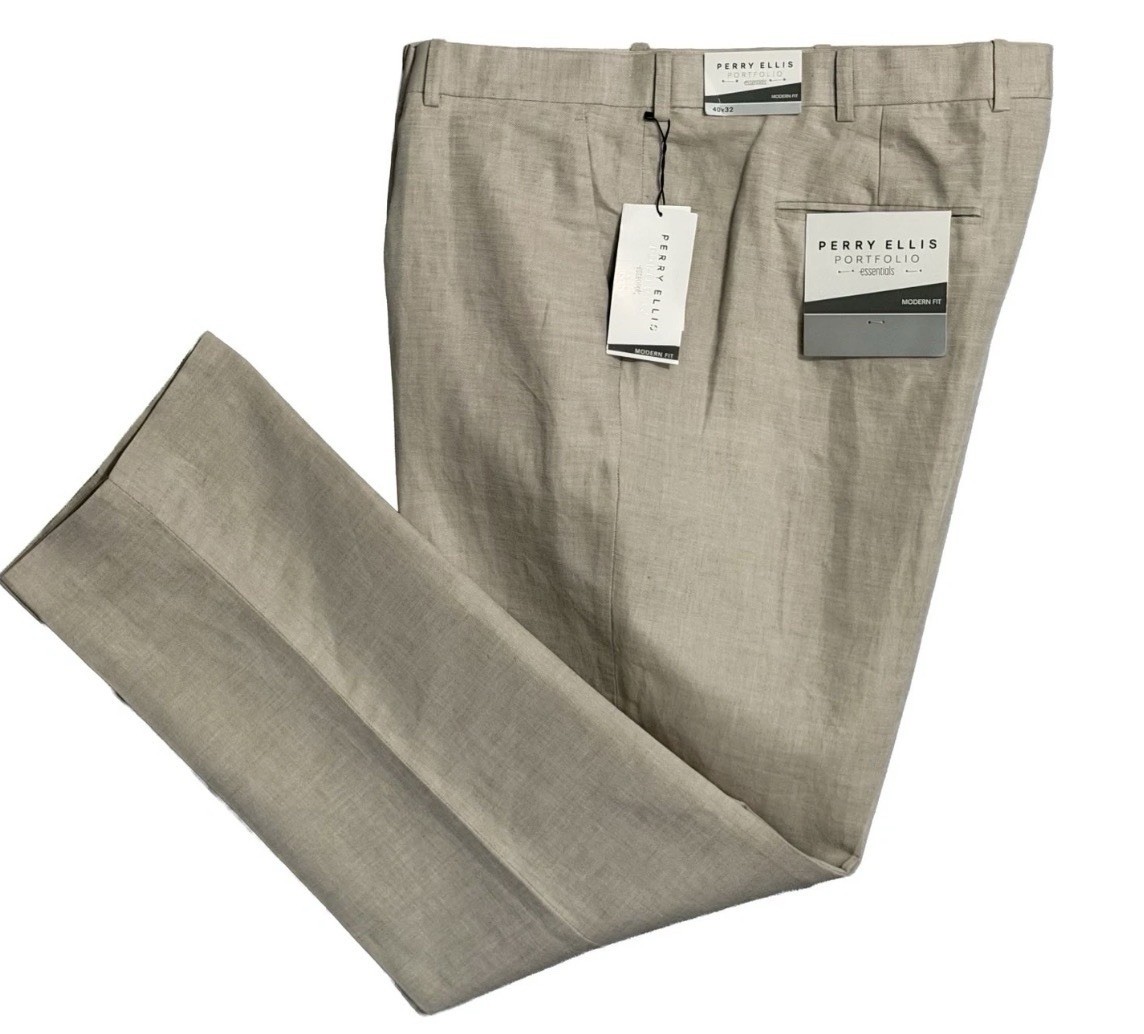 Perry Ellis Portfolio Pants Men’s 40X30 Modern Fit Natural Linen