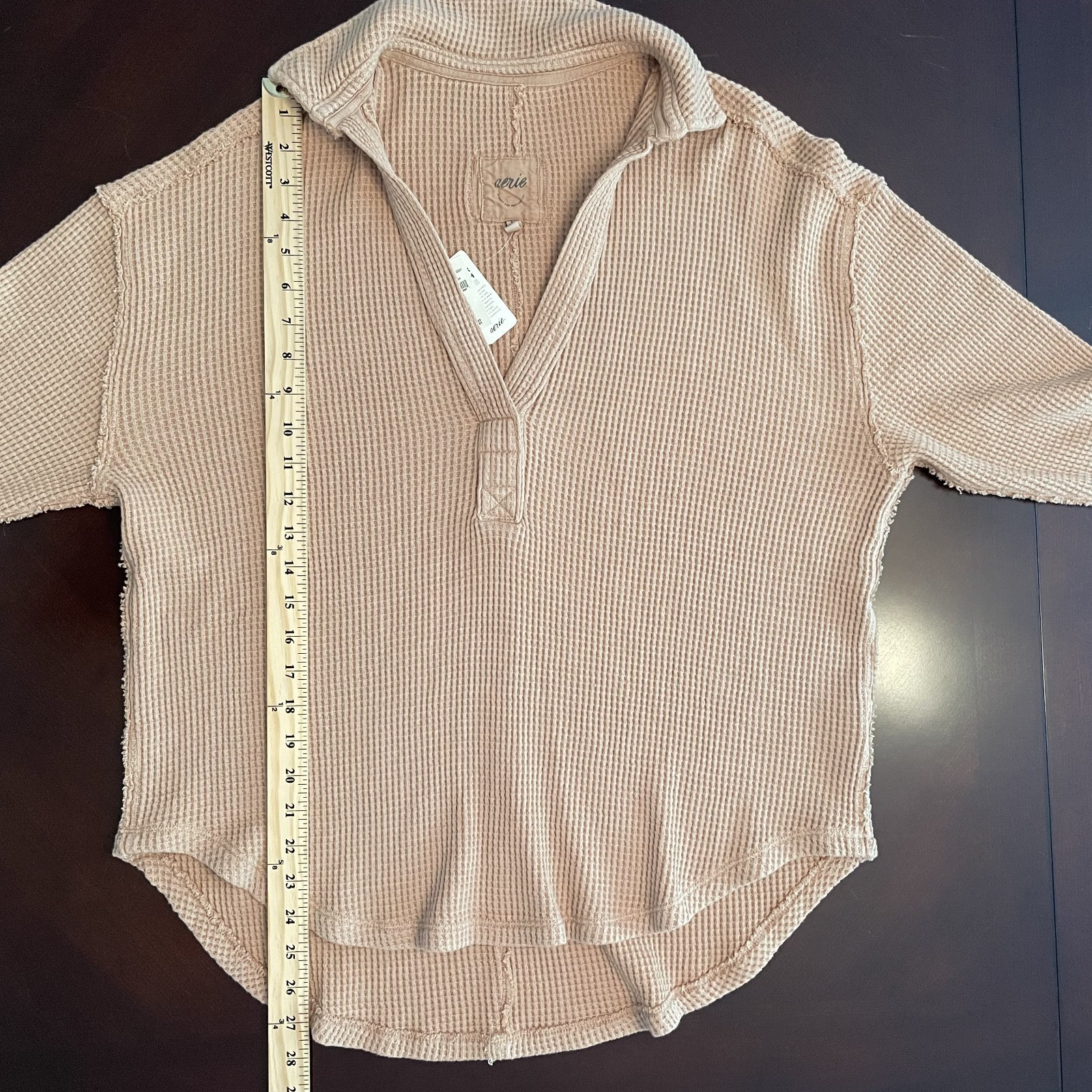 NWT Aerie Waffle Knit Collared Pullover Tan Sz S Oversized Slouchy Travel Lounge